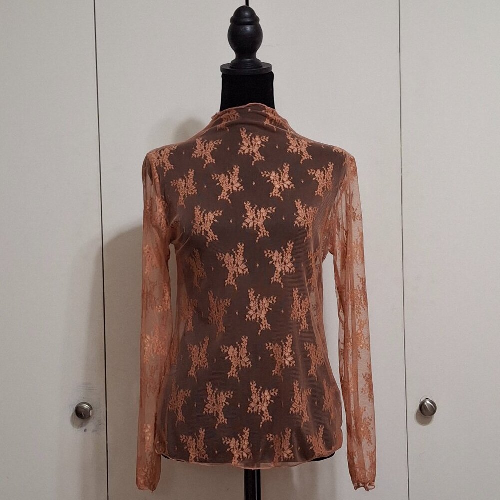Peach Mesh Floral Long Sleeve Shirt-Forest Fairy Romantic Whimsical Sheer-L/XL